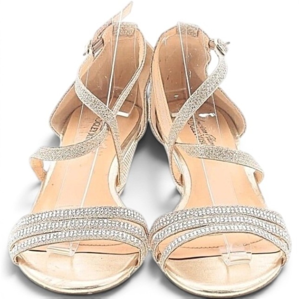 American Glamour Badgley Mischka Gold Rhinestone Wedge Sandals Women Sz 7